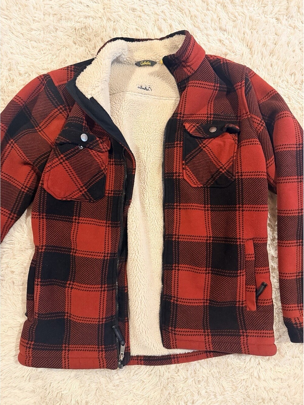 Cabela’s Men’s Lg Sherpa Lined Red Black Buffalo Plaid Heavyweight Jacket Zip Up